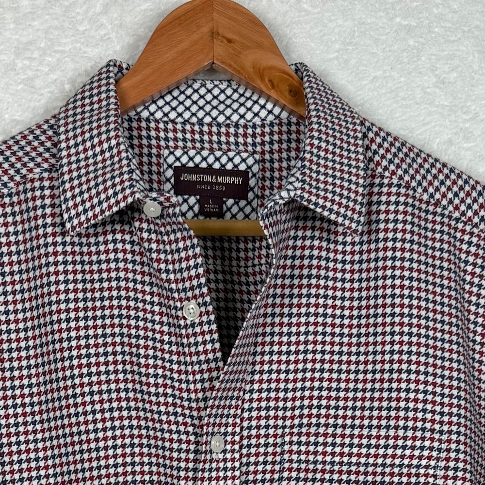 Johnston & Murphy Button Down Mens Large Red Blue White Houndstooth Cotton Shirt